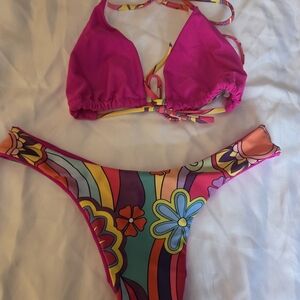 Hot Pink Multicolor Bikini Set Women’s Two Piece Floral Retro Y2K Festival Swim